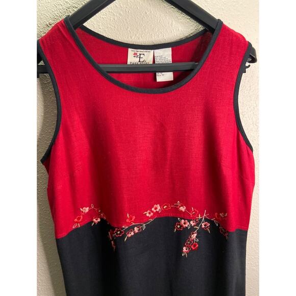 Ease Sport Vintage Women Red/Black Linen Blend Embroidered Florals Maxi Dress 10 - Picture 2 of 6
